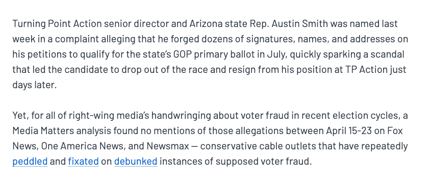 Right-wing cable news forgot about their voter fraud fixation after a MAGA candidate was accused of forging signatures mediamatters.org/voter-fraud-an…