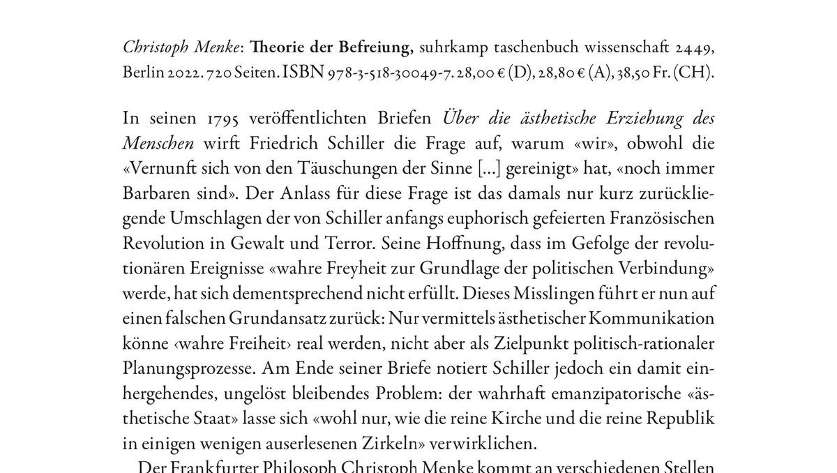 Für die Theologische Zeitschrift habe ich Christoph Menkes höchst lesenswerte „Theorie der Befreiung“ besprochen, die beim @suhrkampverlag erschienen ist. Die Rezension findet sich auch online unter: theologie.unibas.ch/fileadmin/user…