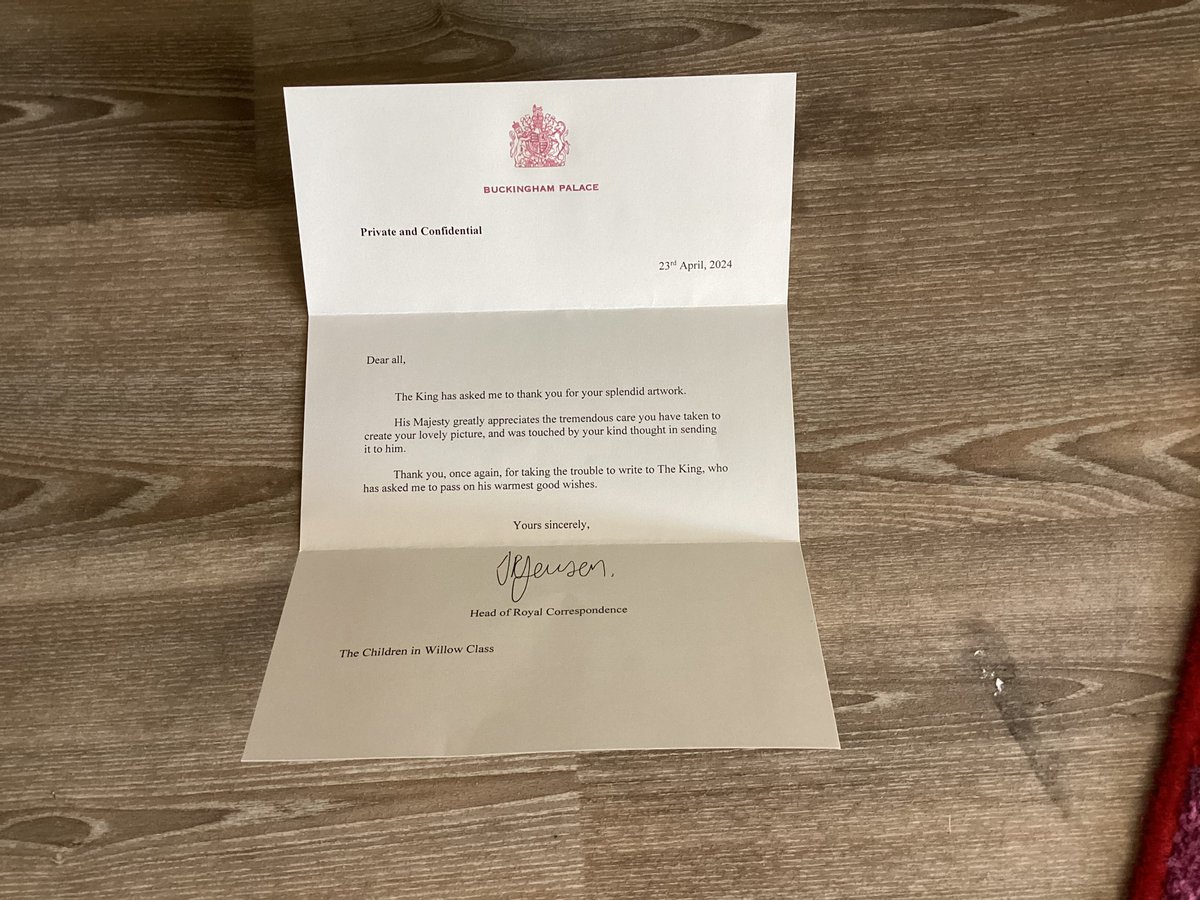 DeffordSchool's tweet photo. Willow class were so excited to receive a letter from Buckingham Palace today. Back in February we wrote letters to King Charles III asking him if he had seen Scruffy in London. It was so lovely to receive a letter back saying how much the King liked our pictures we sent him. https://t.co/yDXZs9S1jS