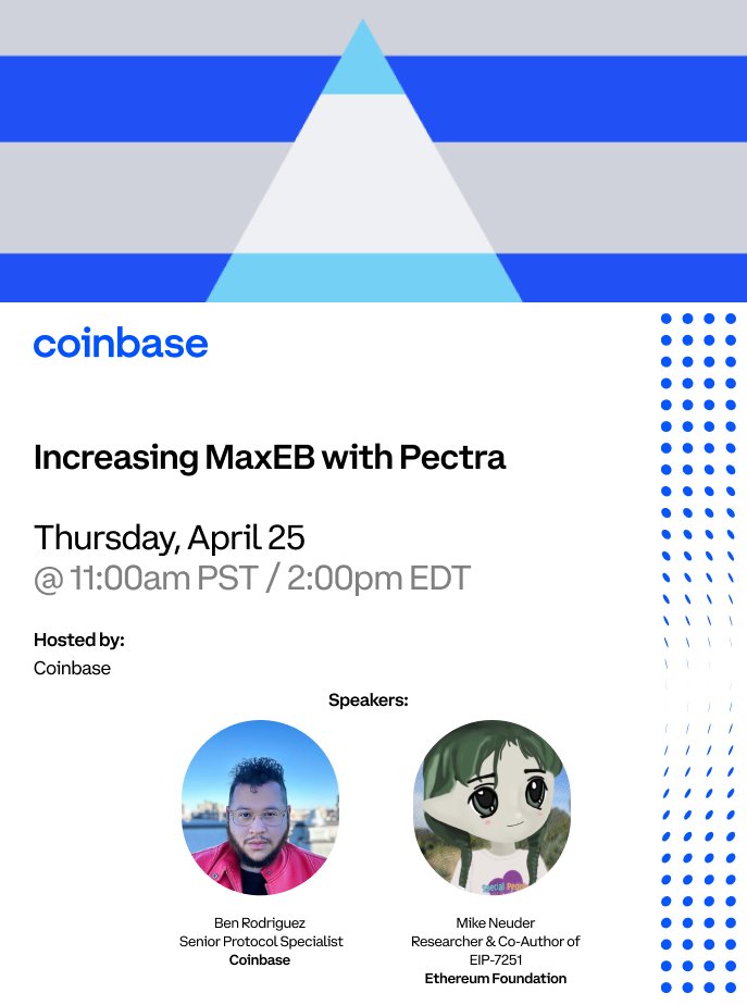 Today's the day. Join @0xb17z and @mikeneuder from the @ethereum foundation at 11 am PST / 2 pm EDT to dive into what it'll mean to increase an ETH validator’s maximum effective balance (MaxEB) to 2048 ETH. RSVP now 👇 …reasingmaxebwithpectra.splashthat.com