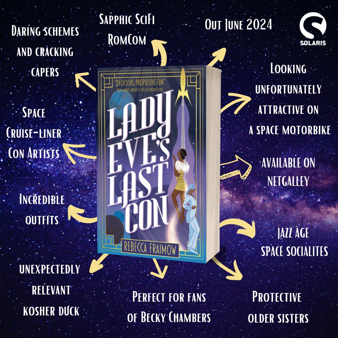 This #LesbianVisabilityWeek may we draw your attention to...LADY EVE'S LAST CON by @ryfkah! 'Ingenious, heart-warming and hilarious' @zenaldehyde 'Delicious, propulsive fun.' @freyamarske '(A) charming, space-hopping, queer rom-com' @voidcricket Preorder bit.ly/41bmtOP