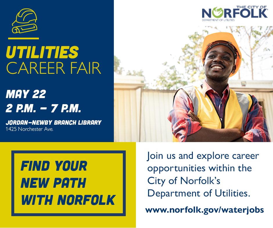 🌟 Exciting news! 🌟 Join us at the #NorfolkVA Department of Utilities Job Fair and take the next step in your career journey! 🚀 📅 Wednesday, May 22 🕒 2 p.m. - 7 p.m. 📍 1425 Norchester Ave. Learn more at: norfolk.gov/WaterJobs