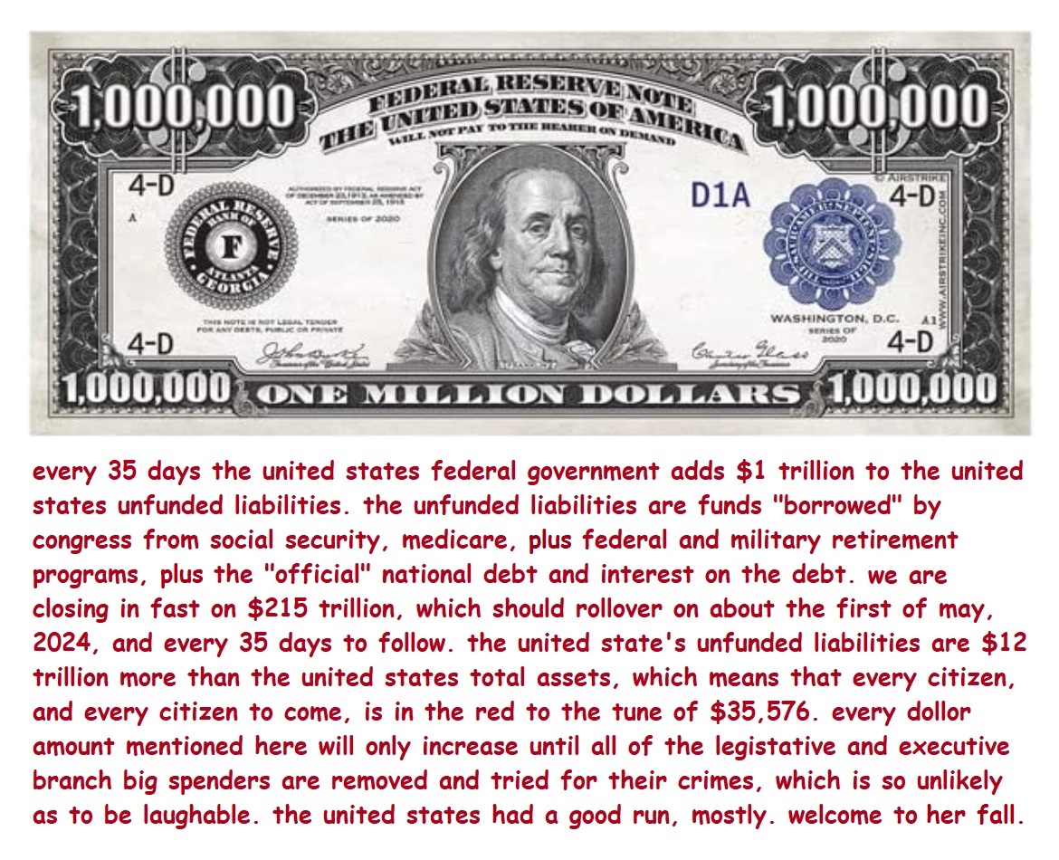 i am putting this out again because in a few days it will roll over. spread this around because most people have zero idea about this. they may hear about the debt now and then in passing, but never the unfunded liabilities. steal it, retweet it, quote it, but spread it around.