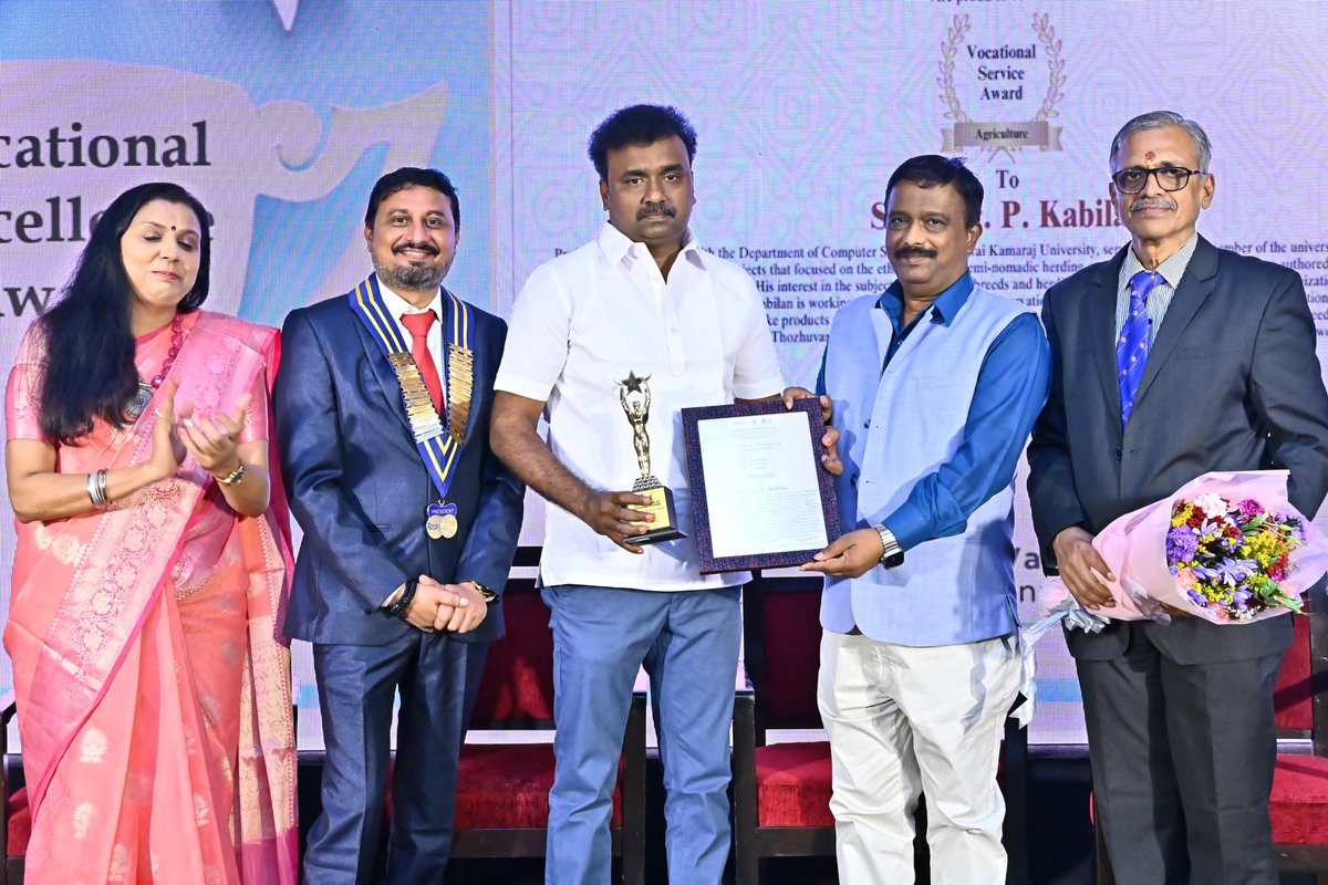 Chennai Rotary club has awarded Prof.Kabilan for playing a major role on Carbon sequestration through pastoralism in Down South.His organisation 'Thozhuvam' focuses on Traditional Cattle dairy, Organic Manures and also insisting for natural grazing methods. 
@KabilanMadurai7