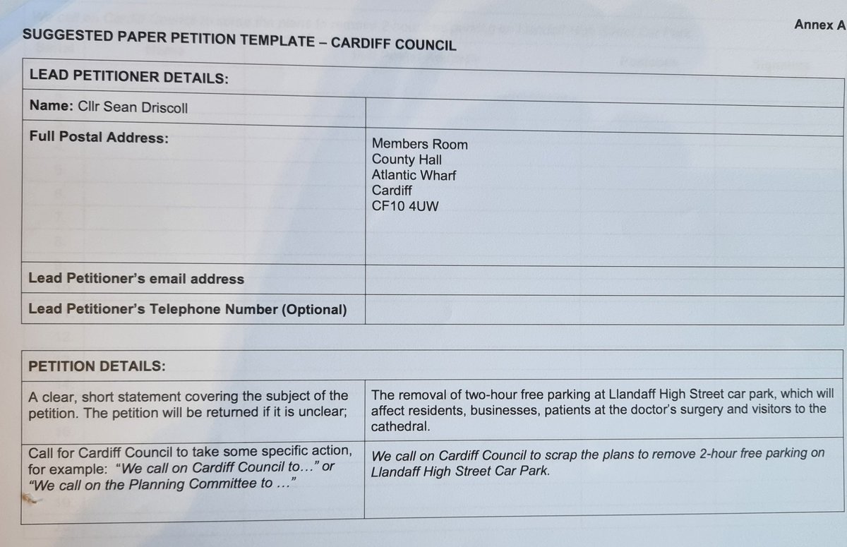 If you're technology challenged (like me) or technophobic whatever you call it, we have the 'paper copy' of the petition in the shop asking @cardiffcouncil to reverse their decision to take away the 2 hour free parking. Our dashing councillor @Sean4Llandaff dropped it in earlier