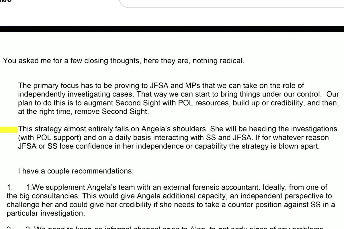 Remarkable disclosure at the #postofficeinquiry. IT specialist Simon Baker outlined a plan in 2014 to ditch Second Sight and for Post Office to bring investigation in-house. Angela van den Bogerd worked with Baker for a year but says she had no idea this was the strategy.