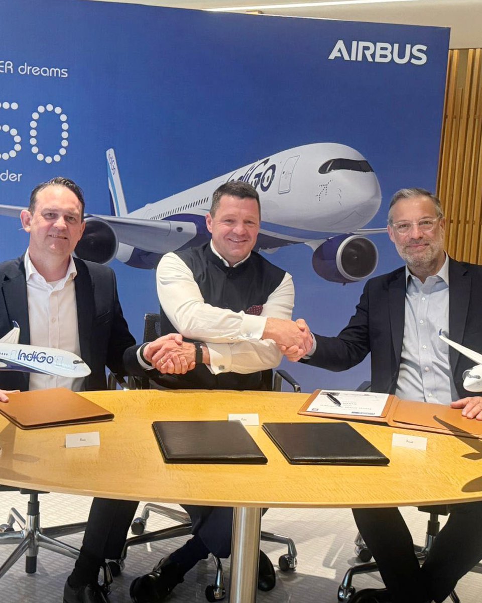 IndiGo6E's tweet photo. Giving wings to the nation and the world. Today we have set another truly momentous and very exciting step in the journey of IndiGo as we placed a firm order for 30 @Airbus A350-900 aircraft enabling our entry into the widebody space. #goIndiGo https://t.co/lU7fTPIAq7