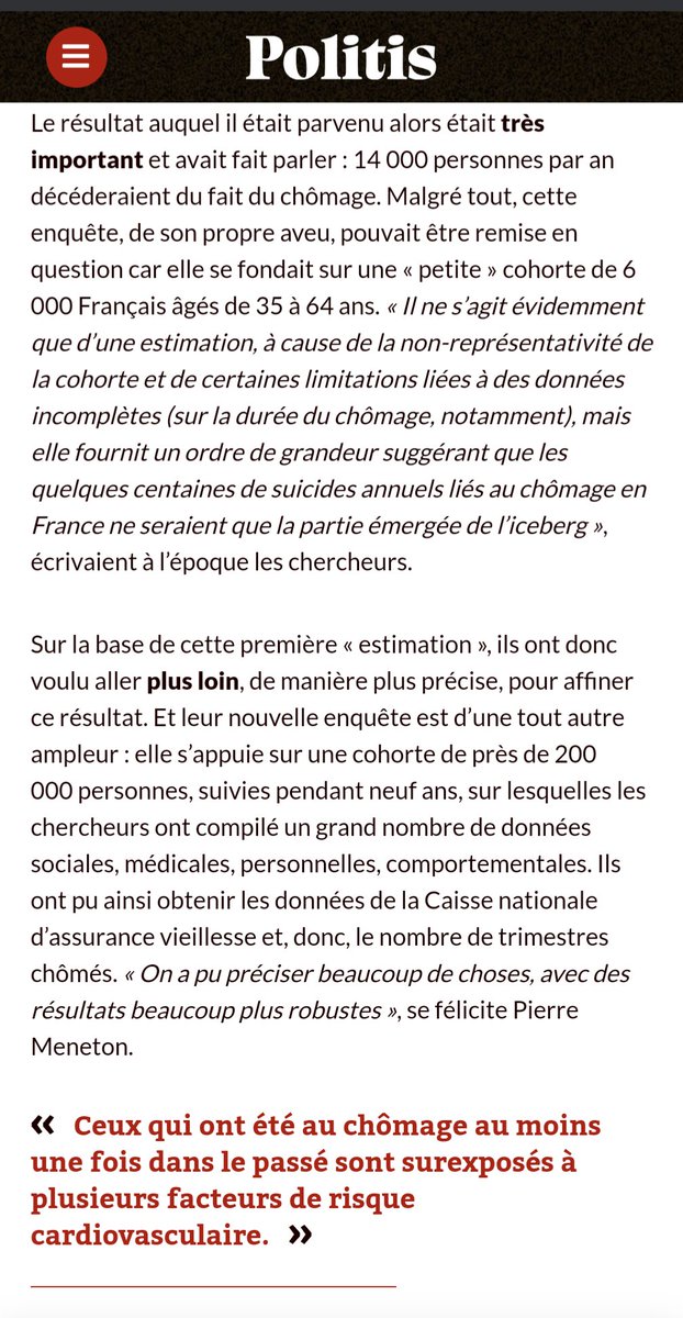 🔴 Le chômage tue.
🔴 Retirer de sa protection au système de couverture chômage : durée indemnisation, taux indemnisation ... aggrave les risques #cardiovasculaires. 
#Santé #ProtectionSociale #Chômage 

politis.fr/articles/2024/…