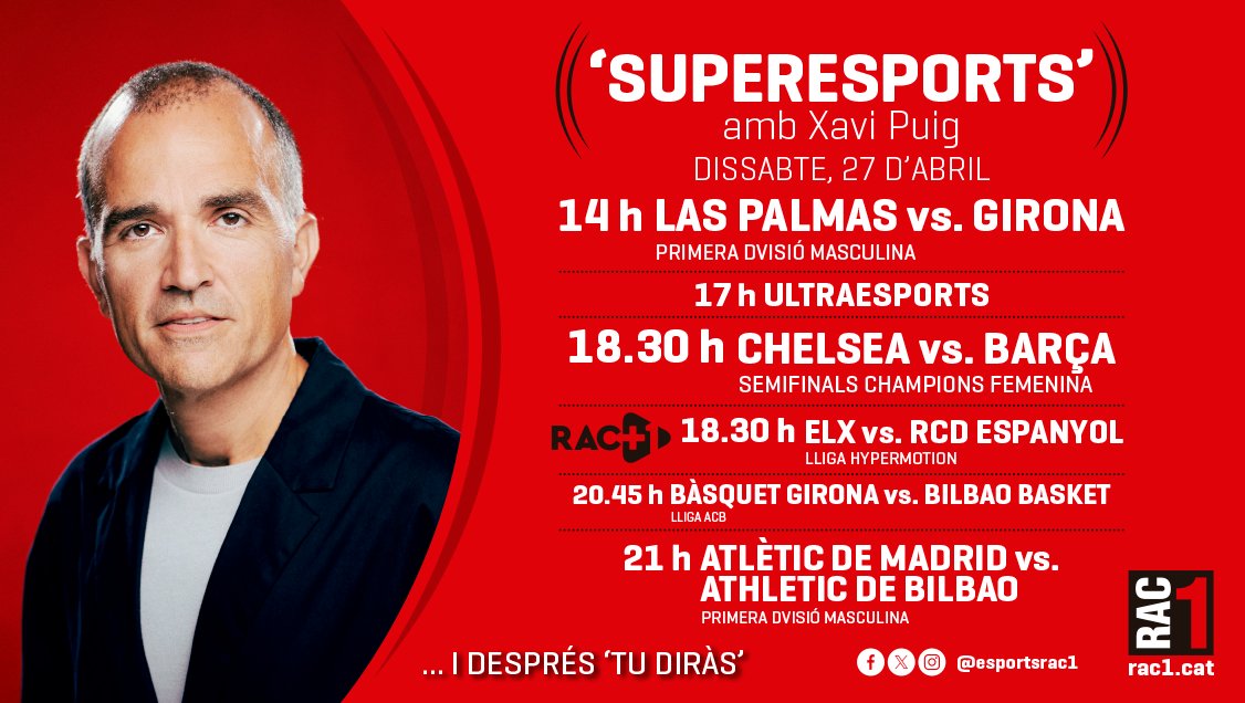 💥 El MENÚ d'avui a @rac1!

⏰ 13:30h ⚽️ El Girona juga a RAC1
⏰ 16h #Superesports
⏰ 18h ⚽️ El Barça Femení juga a RAC1
⏰ 23h #TuDiràs des de Londres