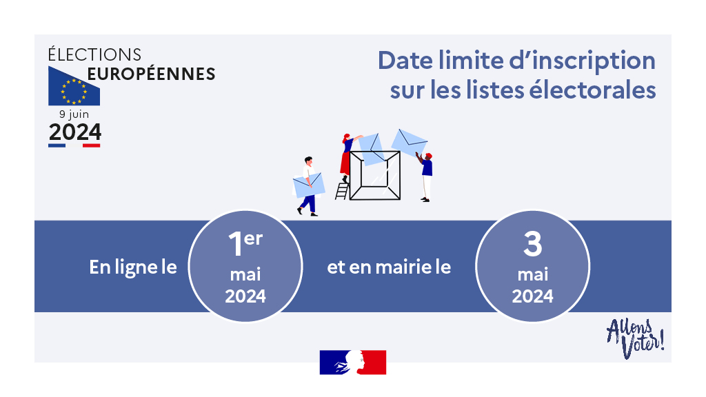 #Européennes2024 | Plus que quelques jours pour vous inscrire sur les listes électorales ! 🇪🇺 Vous avez jusqu'au : ▪️ 1er mai en ligne ▪️ 3 mai en mairie Pour tout savoir sur les élections ⤵️ elections.interieur.gouv.fr