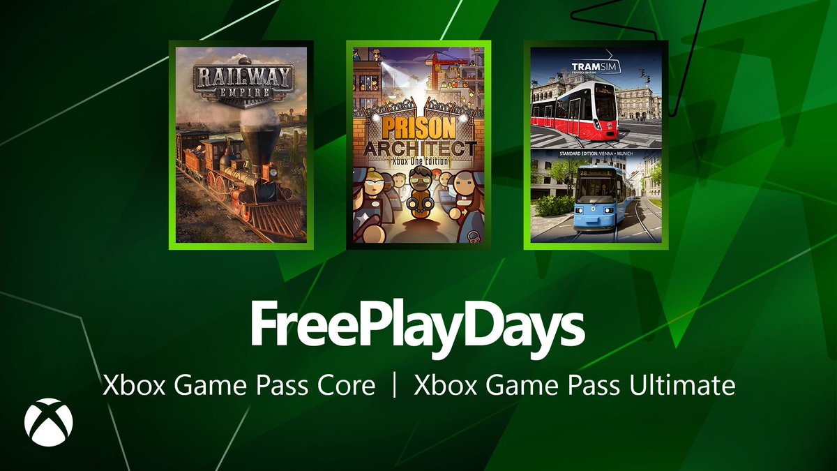 This week's #FreePlayDays Games

- Railway Empire
xbox.com/en-us/games/st…

- Prison Architect
xbox.com/en-us/games/st…

- TramSim: Console Edition
xbox.com/en-us/games/st…

news.xbox.com/en-us/2024/04/…