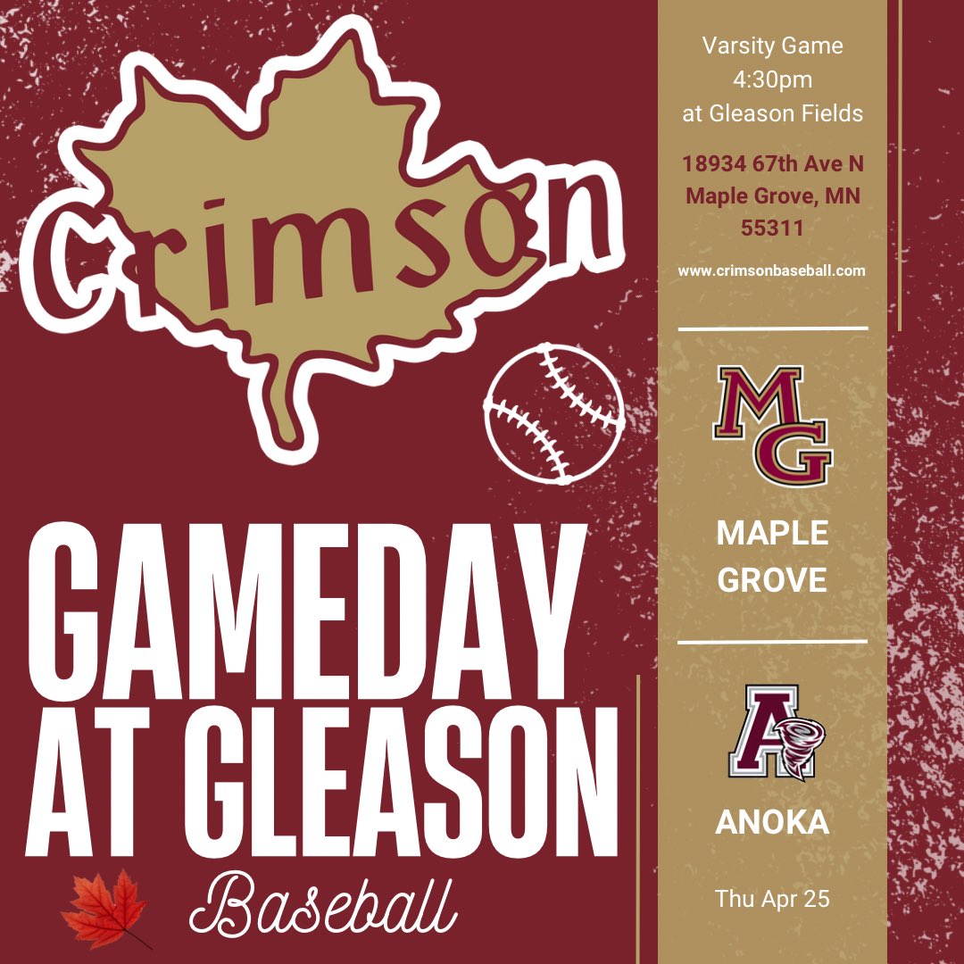 Gameday at Gleason! Come watch @BaseballCrimson take on @AnokaBaseball at 4:30! #makeithappen #WHGBHF