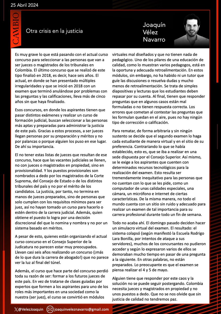 VelezJoaquin's tweet photo. Mi columna de esta semana en @estoescambio sobre el desastroso concurso para jueces https://t.co/RFpbvoOHg6