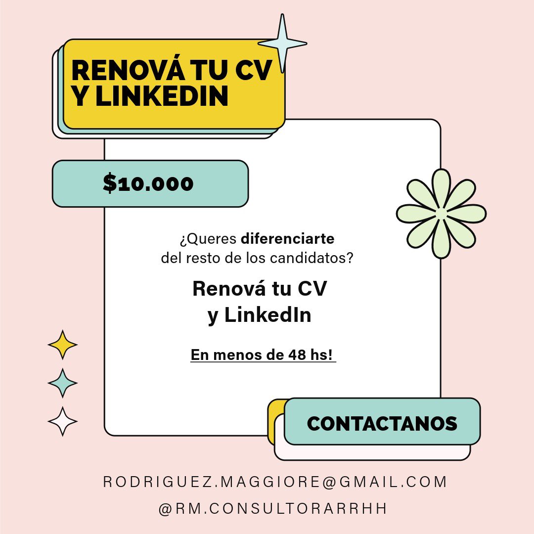 cheelu10's tweet photo. ¿Te postulás a un montón de búsquedas y no te llaman? 🤔

Por tan solo $10.000, renovamos tu CV y tu LinkedIn en menos de 48 hs. Además publicamos tu CV en nuestras redes para ayudarte a conseguir trabajo. 💼

No dudes en consultarnos! 
📧 rodriguez.maggiore@gmail.com https://t.co/zUc3MAxQmW