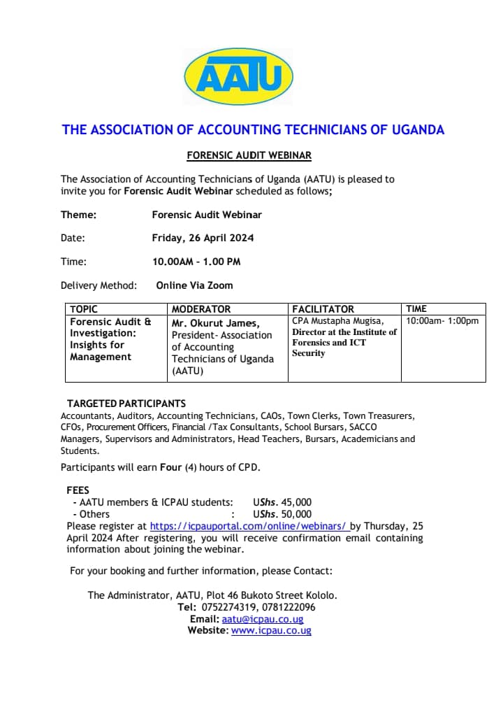 Meet the presenters of the AATU Forensic Audit Webinar happening tomorrow from 10 AM!

Okurut James will moderate the session, while CPA Mustapha Mugisa will facilitate discussions.
Don't miss out!
Register here: bit.ly/AATUForensics
#AATUCPDs
#WeCreateImpact