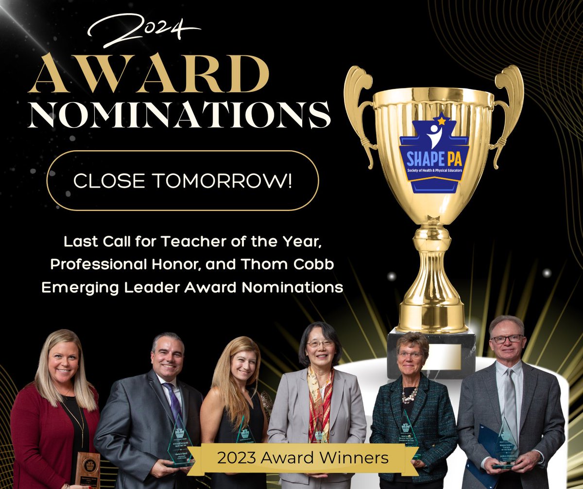🚨Award Nominations Close Tomorrow‼️ Last call for TOY, Professional Honor & Thom Cobb Emerging Leader Award Nominations. Let's recognize the incredible professionals & their impactful contributions. Nominate now to honor their dedication! 🤩 tinyurl.com/SHAPEPA24Awards 🤩