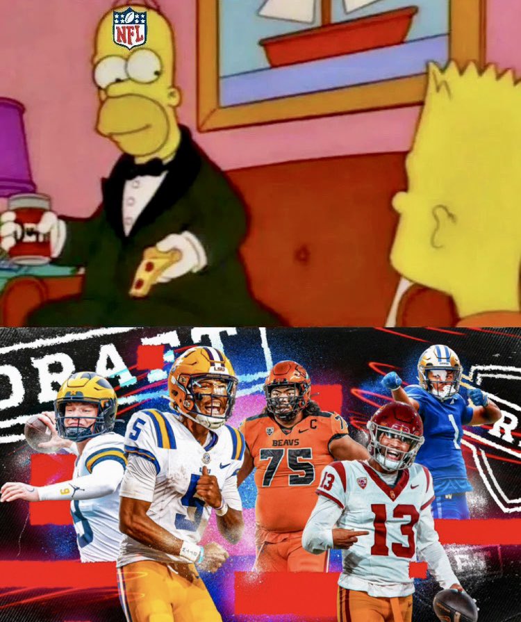 — ¿Por qué tan elegante, Homero?

— ¡¡¡HOY COMIENZA OFICIALMENTE EL #NFLDRAFT 2024, MUCHACHO!!!🔥🤩