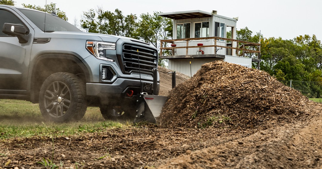 SNOWSPORT HD Utility #Plow's unique motion activated design and turf friendly rubber cutting edge helps protect driveways and lawns during your landscaping projects! #ACITruckLife#landscaping #sandplow #landscapeprojects #multipurpose #notjustforsnow #landscapetruck