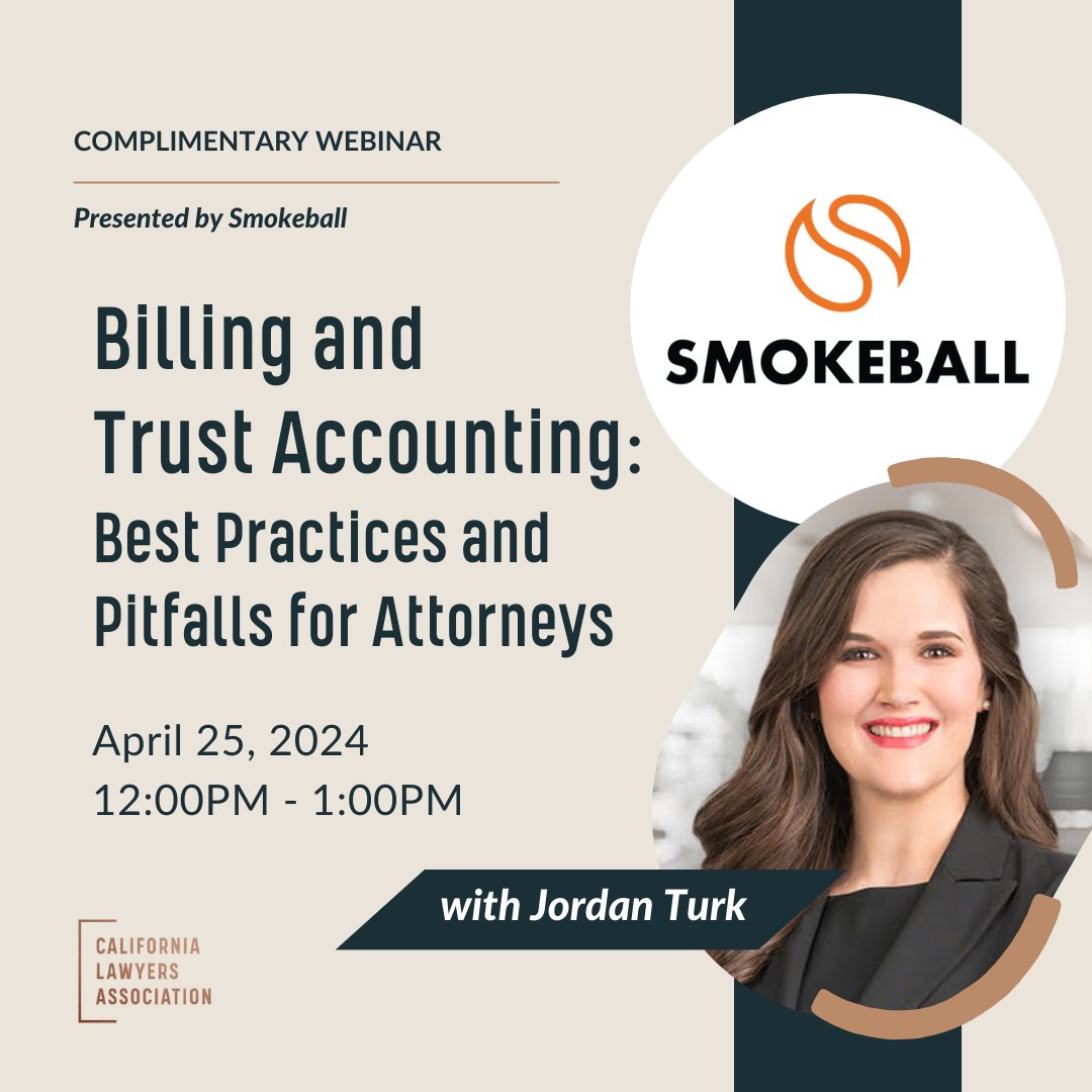 Join us on April 25th from 12:00 PM to 1:00 PM for a free event presented by Smokeball. 

Register for this free webinar here >>> bit.ly/3vSoSTo

#LegalBilling #TrustAccounting #LawPractice #LegalTech #MCLE #CLA #Webinar #Sponsoredby #Smokeball