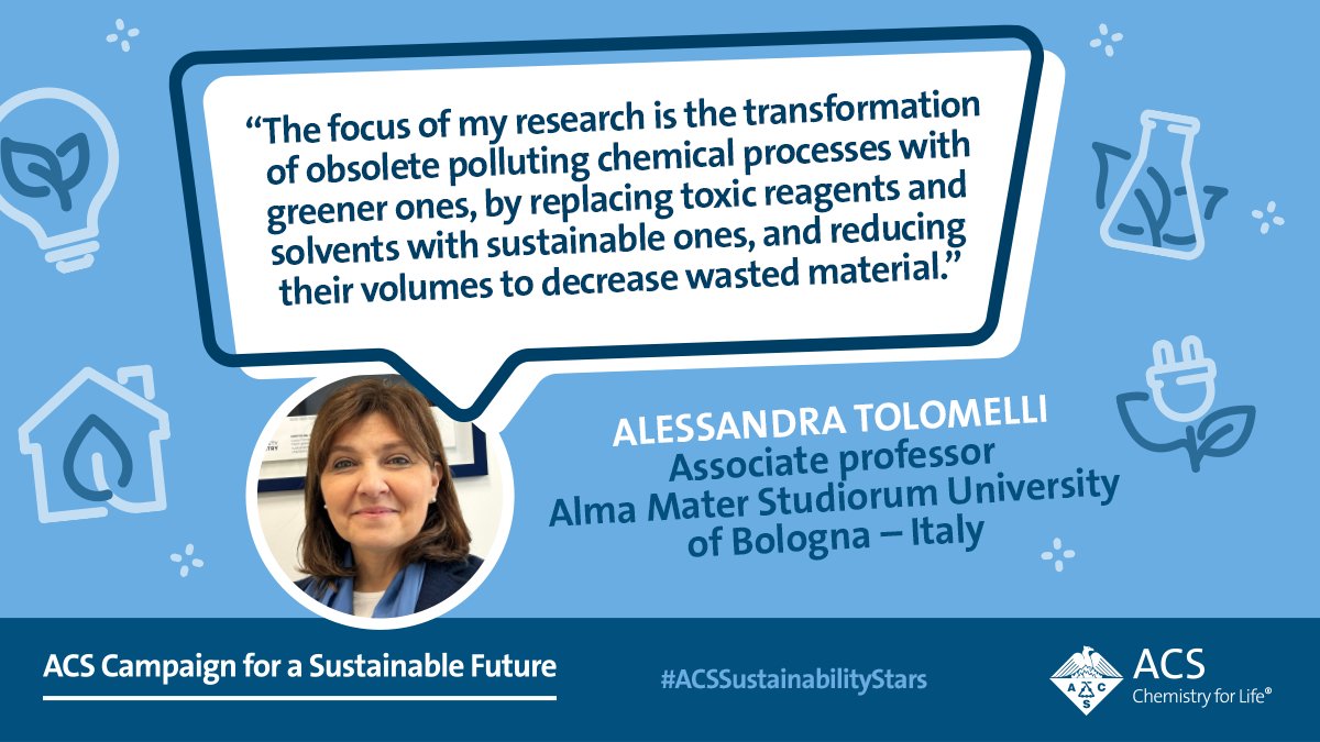 Our next #ACSSustainabilityStar is Alessandra Tolomelli! As Director of the Erasmus Mundus Master's program @Unibo she shares expertise on #GreenChemistry, circular economy, & global standards. Join us in celebrating her commitment to a sustainable future! brnw.ch/21wJaPp