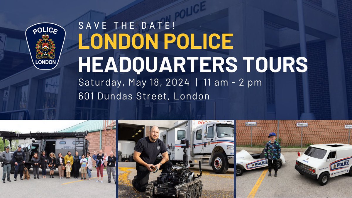 Save the date! 👮 Join the London Police Service in celebrating #PoliceWeekON. Tour London Police Headquarters on May 18, 2024, from 11am - 2pm! There will be activities for all: Face painting, balloon animals, vehicle displays, demos, free BBQ & more! Don’t miss out! 🎈 #LdnOnt