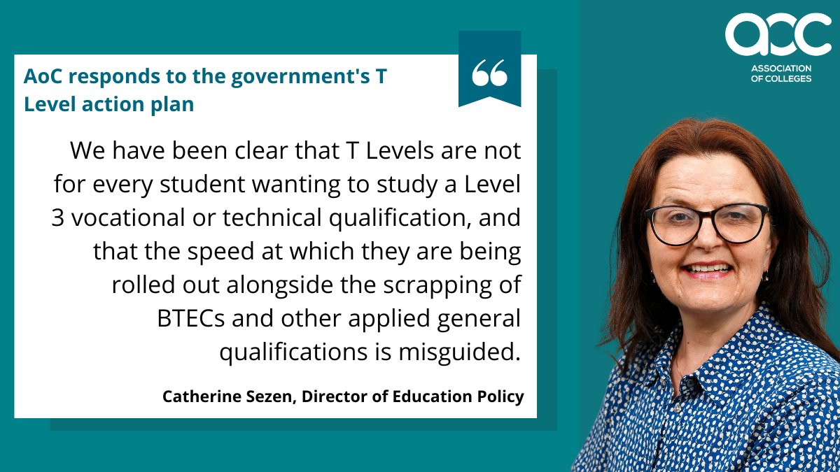 AoC responds to the government's T Level action plan. CatherineSezen, Director of Education Policy said: "It’s great to see that T Level starts more than doubled between September 2022 and September 2023."

Read more here: aoc.co.uk/news-campaigns…