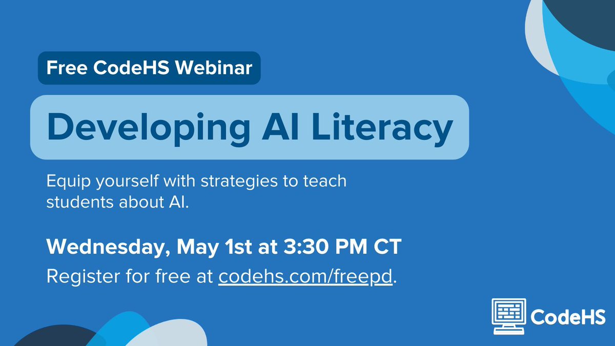 🚀 Join us for 'Developing AI Literacy' - a FREE virtual event from CodeHS! Equip yourself with strategies to teach students about #AI, its workings, limitations, and societal impact. Don't miss this concise webinar on fostering AI literacy! Register now: buff.ly/4d6zUoS
