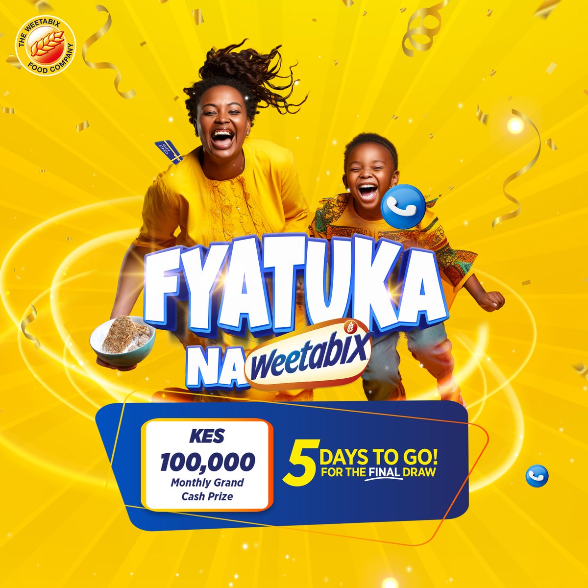 Only 5 days left until we reveal our KSh 100,000 grand winner! Will it be you? Buy the Weetabix 37g pack today and send the code via *459*8# on Safaricom or SMS it to 23122 on Airtel. Win airtime, cash, and shopping vouchers.

#FyatukaNaWeetabix #WhatsYourExcuse #HaveYouHadYours