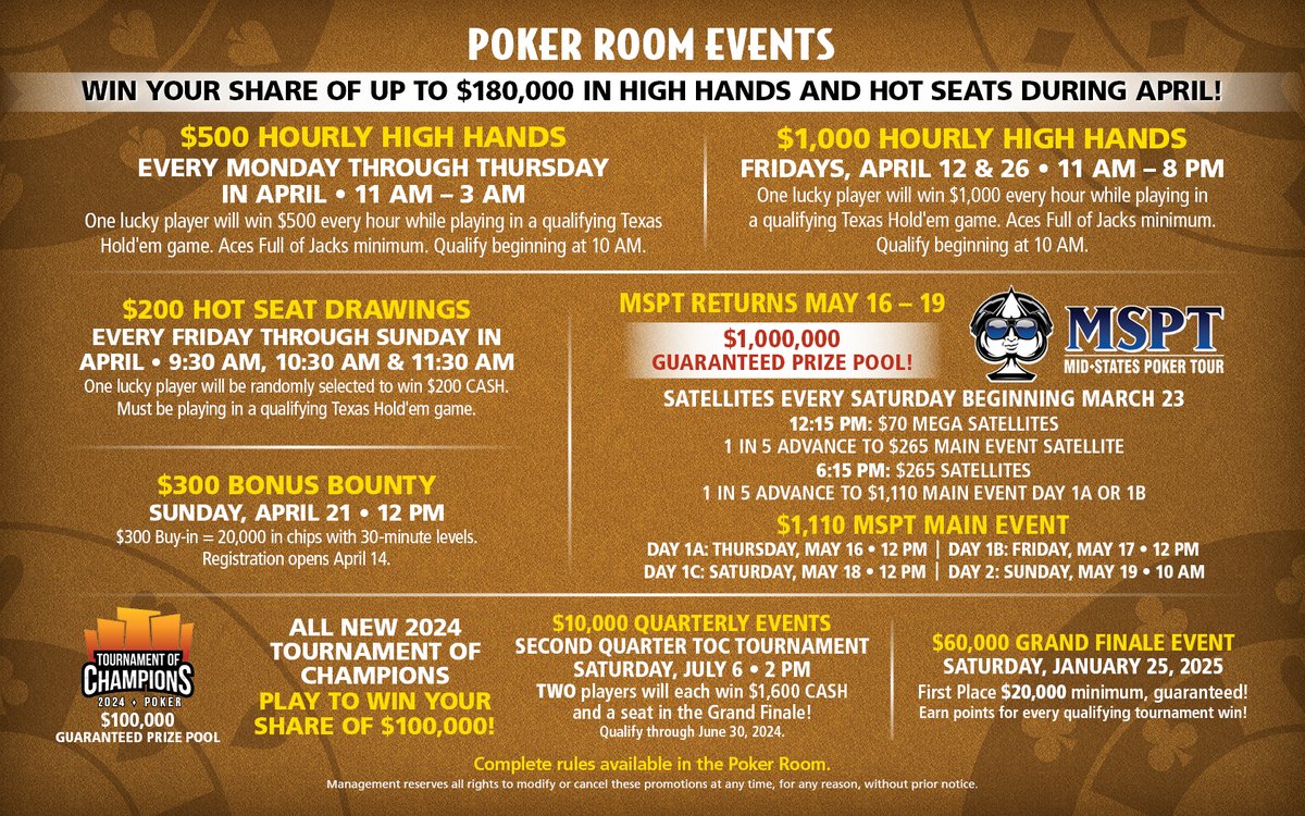 April is heating up in the FireKeepers Poker Room! 🔥♠️ Take your seat at the table and experience the excitement of high-stakes poker tournaments and exclusive promotions. Your next big win awaits! #FKCHPoker