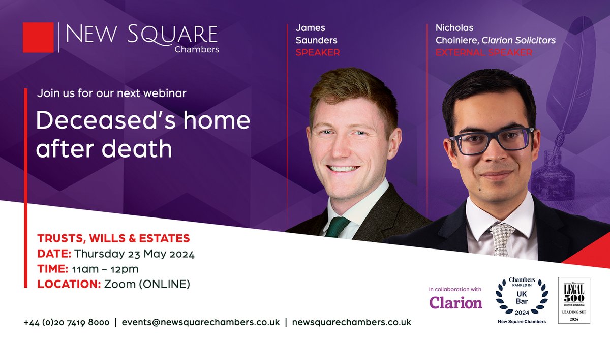 🟥 Join us for the next #NSC #webinar in our flagship series, in collaboration with @ClarionCPC on 'Deceased's home after death'. Thursday 23 May at 11am.

🌐 Register here: us02web.zoom.us/webinar/regist…

#PrivateClient #Trust #Estates #TWE #EstateAdministration #LegalInsights #Law
