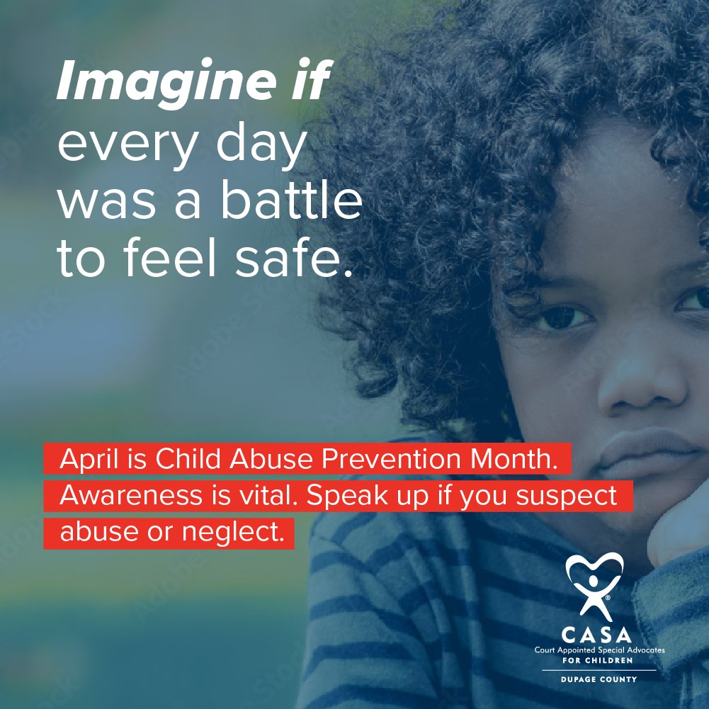 CASAofDuPage's tweet photo. April is Child Abuse Prevention Month. Speak up if you suspect the abuse or neglect of a child in your life. Wondering how you can help? Share this post to spread awareness. To get involved click here: https://t.co/cjcCT2jVy1

#ChildAbusePrevention #Imagine #DupageCasa https://t.co/d6sXix0TVh