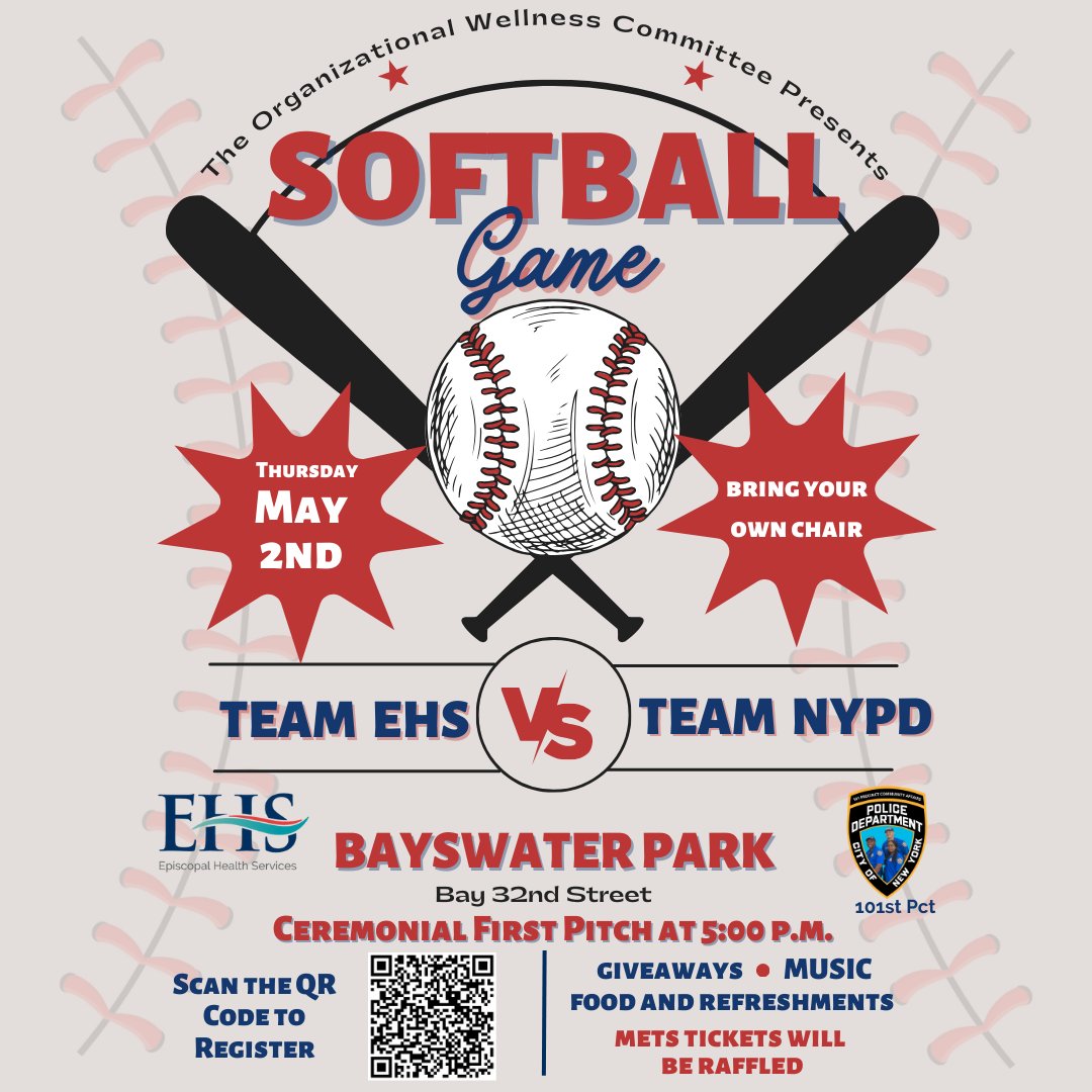 1 WEEK LEFT until our softball game on May 2nd as Team EHS plays Team @NYPD101Pct. First pitch is at 5PM at Bayswater Park. Be sure to join us to cheer on the teams and enjoy an evening of fun! Scan the QR code or register here: forms.gle/tAXKShT4VKJprg…. #SoftballGame #EHS #NYPD