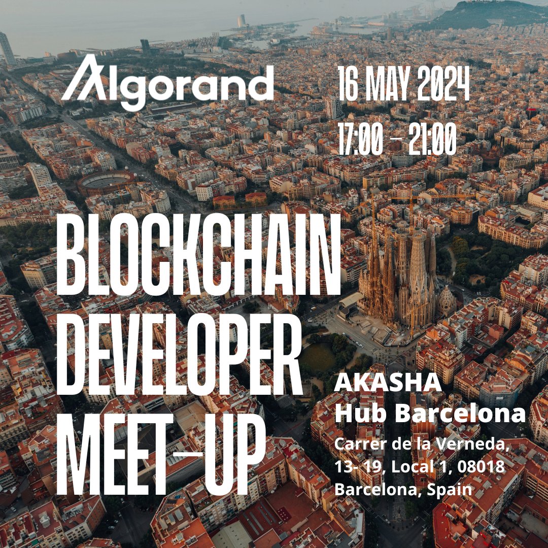 Hola Barcelona 🇪🇸 Join us on May 16 for a Blockchain Developer Meet-Up with @Algorand_Spain @algodevs 🧑‍💻 Learn to build your first DApp on Python, followed by Networking and Tapas 🍲 Register 🔗: lu.ma/b79hwbvs?utm_s…