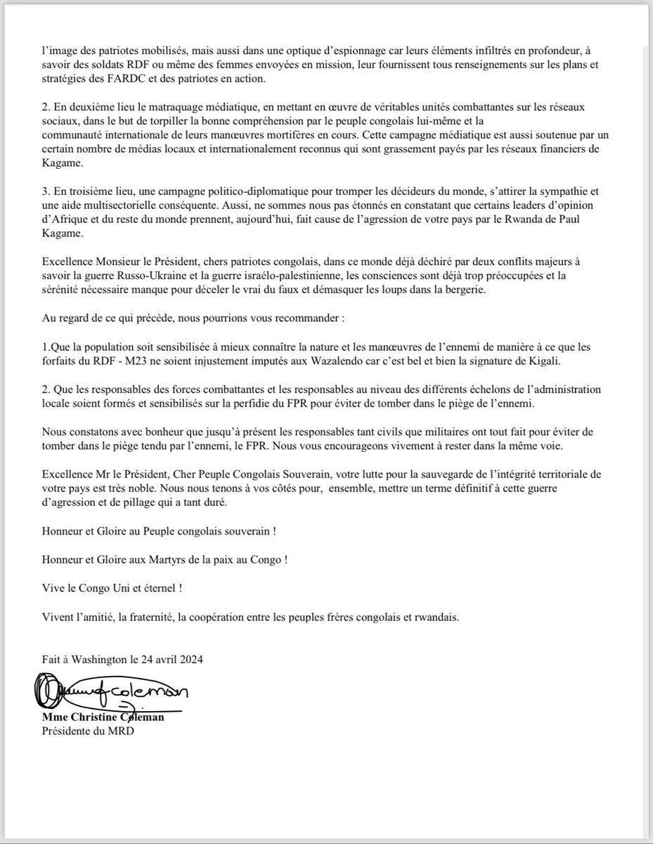 LETTRE OUVERTE À SON EXCELLENCE FÉLIX TSHISEKEDI ET AU PEUPLE CONGOLAIS: “Ne tombez pas dans le piège de l’ennemi, à savoir Kagame-RDF-M23 !"  Voilà le message que nous, Mouvement Rwandais pour la République et la  Démocratie, en vertu de l’expérience acquise depuis l’invasion du