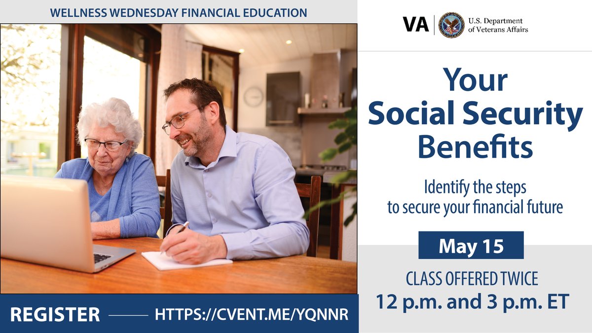 No time like the present to secure your retirement! #Veterans & #TransitioningServiceMembers, tune into our FREE #WellnessWednesday seminar on May 15 at 12 p.m. and 3 p.m. ET to learn how you can maximize your Social Security benefits. Learn more at: cvent.me/yqnnrr
