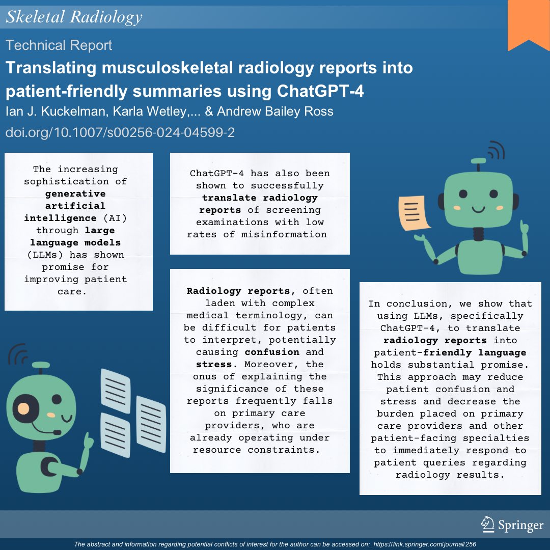 Discover how ChatGPT-4 can transform MSK radiology reports. 

Check out this infographic:

🟠 Translating musculoskeletal radiology reports into patient-friendly summaries using ChatGPT-4

Access for free rdcu.be/dE8U4

#SkeletalRadiology #RadAI #ChatGPT #radres #MSKrad