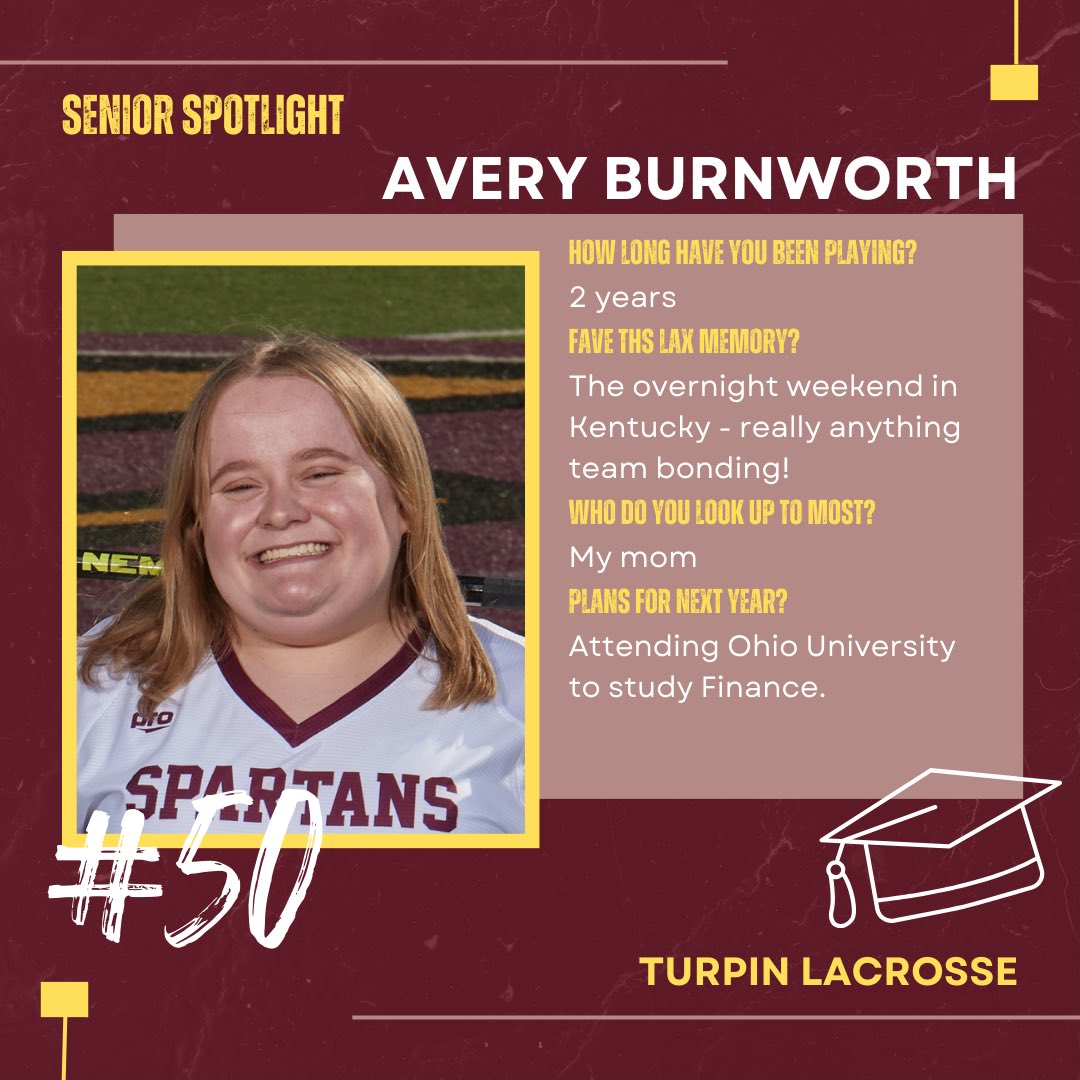 🎓SENIOR SPOTLIGHT: AVERY🎓

Senior Night is on Thursday, May 2nd at Spartan Stadium! Come out and support our seniors🎉

#SpartanStrong | @TurpinSpartans
