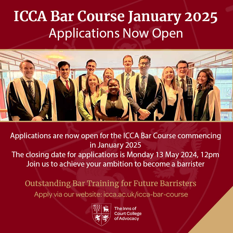 Applications are now open for the ICCA Bar Course commencing January 2025. Apply here: icca.ac.uk/icca-bar-cours… #ForFutureBarristers #students #lawstudents #pupillage #barrister