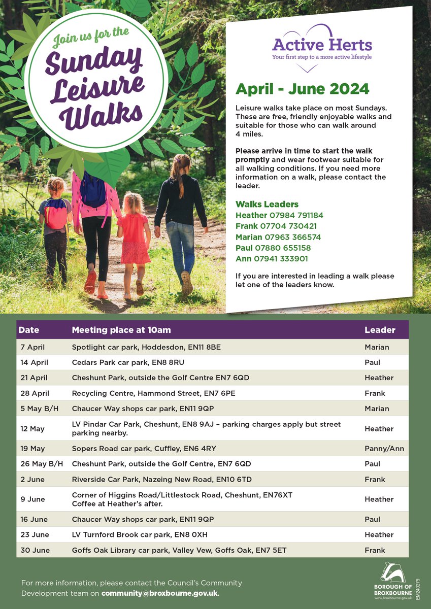 BroxbourneBC's tweet image. Join us for the Sunday Leisure Walks 🚶‍♂️🚶‍♀️

Please see this poster for the full list of dates and locations or click here for more information: broxbourne.gov.uk/community/walk…