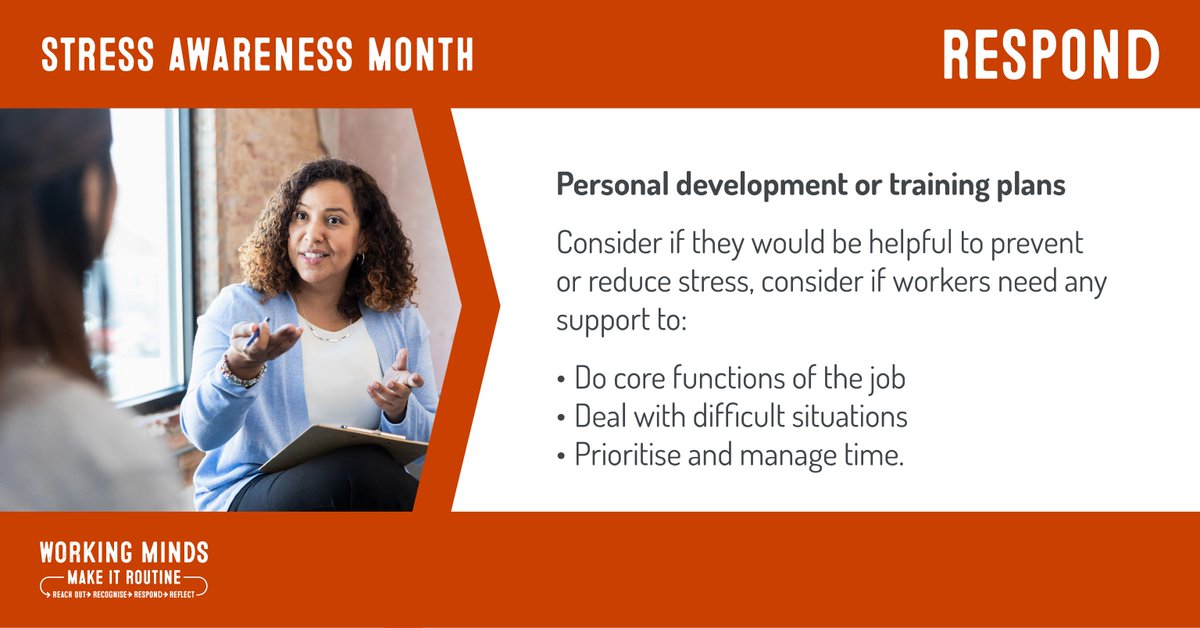 Consider whether personal development or a training plan would be helpful to prevent or reduce stress for workers. chat with your team about skills they're keen to hone. For more ideas on how to respond to risks of stress, see the Talking Toolkit : hse.gov.uk/stress/talking…