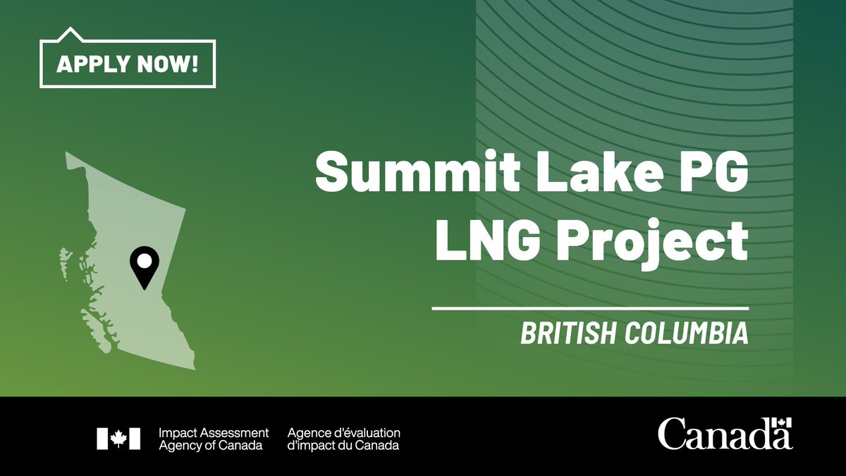 Don’t miss the deadline! 📅

May 6 is the last day to apply for funding to participate in the #ImpactAssessment process for the proposed #SummitLake PG LNG Project in British Columbia.

See if you’re eligible👉 iaac-aeic.gc.ca/050/evaluation…

#PrinceGeorge