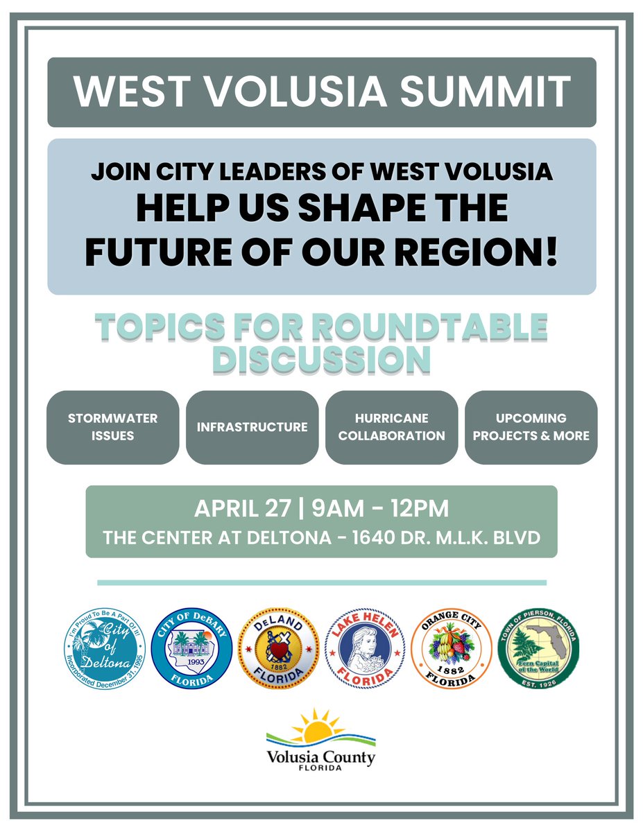 Join City Leaders of West Volusia & help us shape the future of our region! At the summit, we dive into pressing issues affecting the greater West Volusia Area & work towards a better tomorrow. Join in on the discussion on April 27, 9AM - 12 PM at the Center at Deltona!