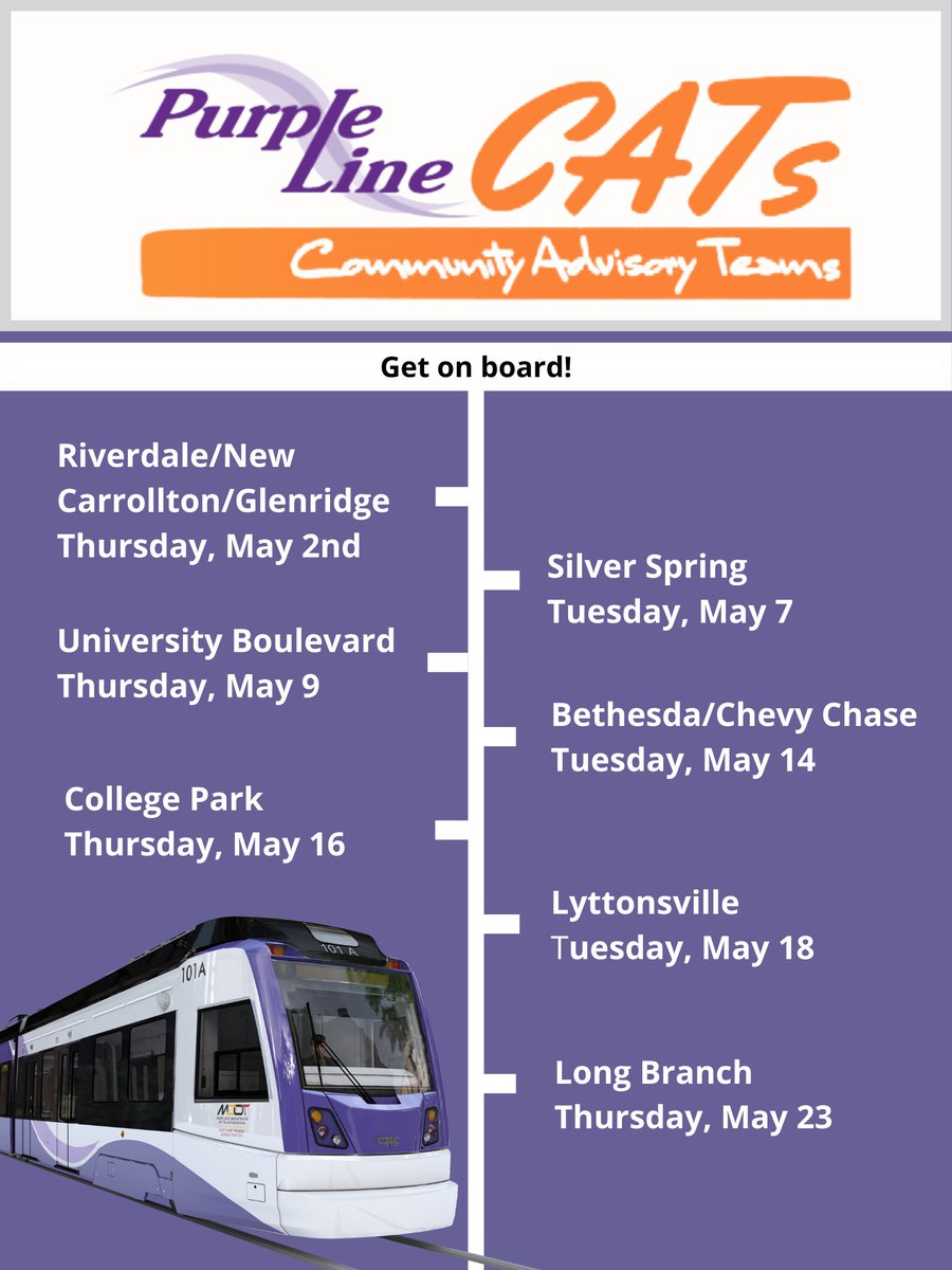 Our next round of Community Advisory Team (CAT) meetings starts in May. These virtual meetings include the latest construction updates & details on future Purple Line stations in your community. More information here: ow.ly/w2tZ50Ro9M7