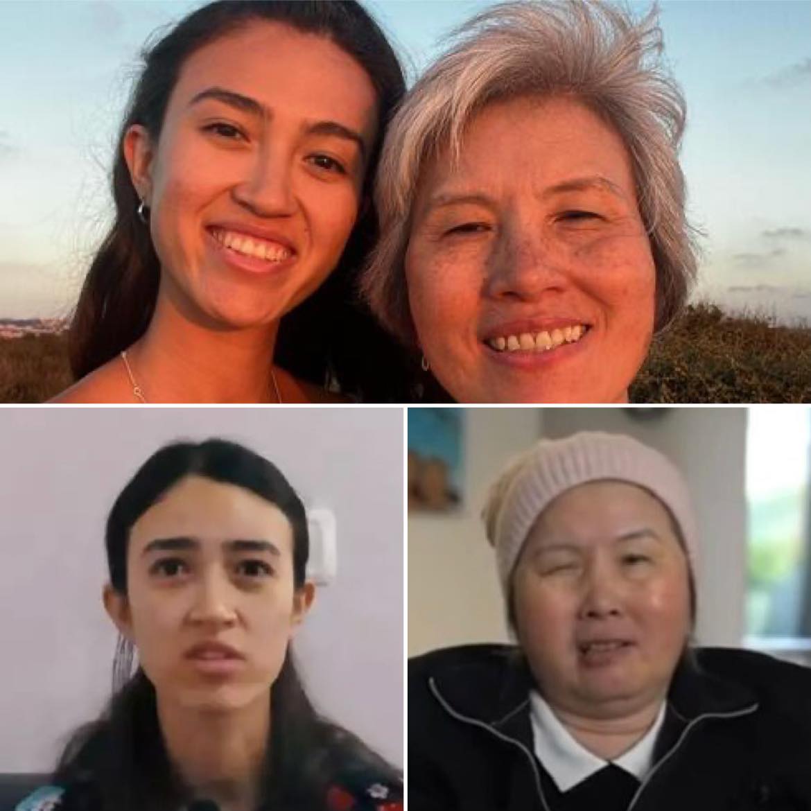 Above: Noa Argamani and her mother before she was kidnapped Below: Noa Argamani in captivity in Gaza, and her mother sick and begging to see her daughter one last time. God hear her cry. 💔