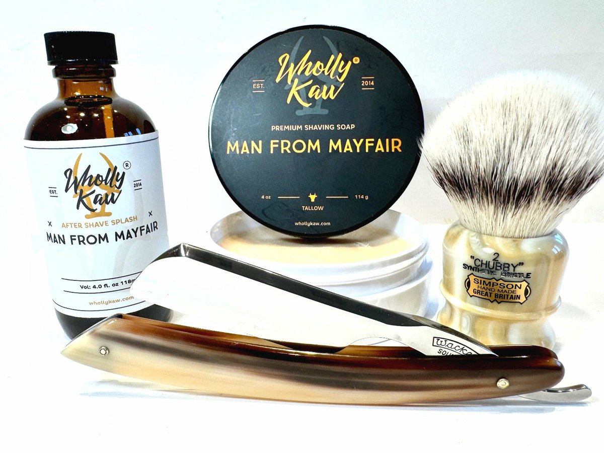 Today's shave gear:

* Wholly Kaw: Man from Mayfair Shaving Soap.
* Simpson, Chubby 2, Syntetic.
* Wacker: Chevalier, 6/8, extreme french point.

ow.ly/aRCo50Ro04q

#shaveOfTheDay #shaveGear #mensGrooming #wetShaving #sotd #straightRazor #straightRazorShave