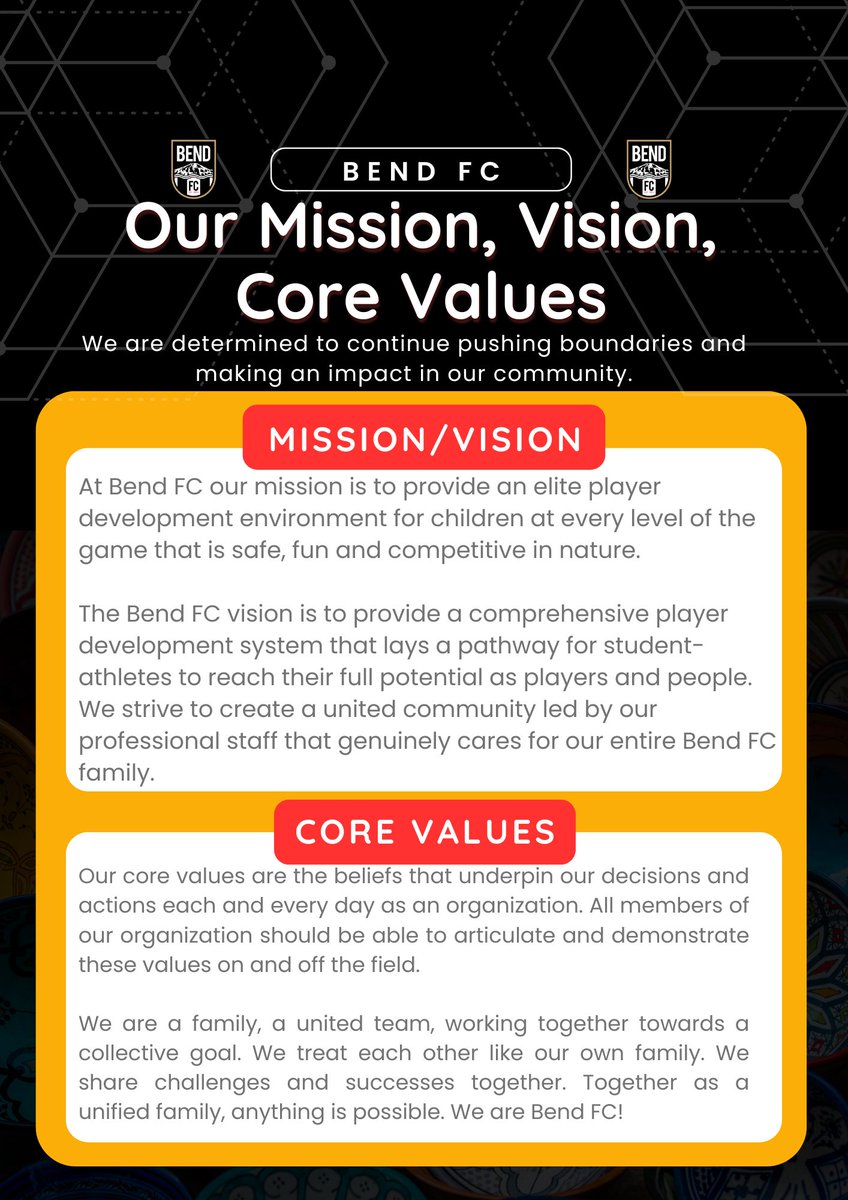 BendFCTimbers's tweet photo. Bend FC's Mission/Vision/Core Values!

To read more: https://t.co/s3qUl17Bke

#wearebendfc #bendfc #CoreValues #OurMission #competitivesoccer https://t.co/XNIVvOB7mH