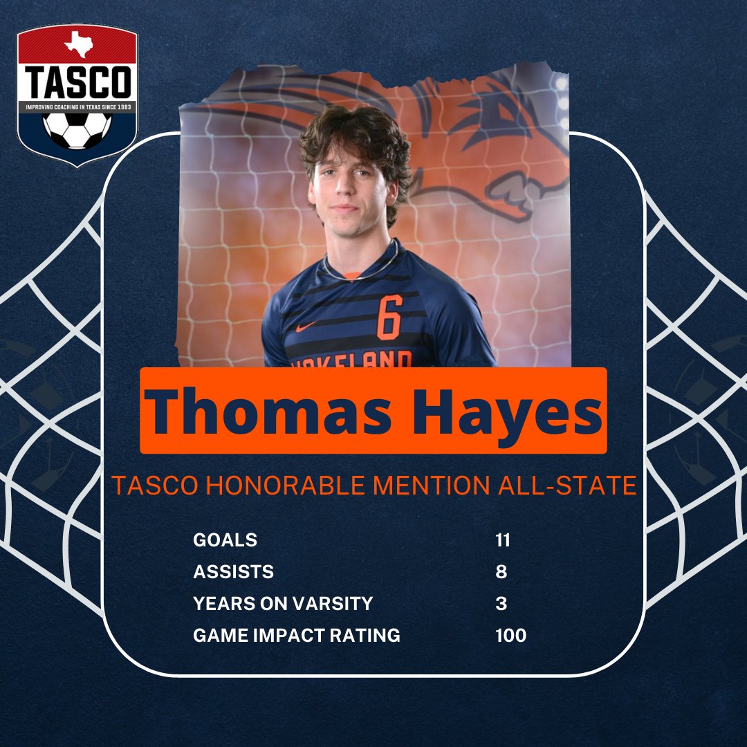 🎉⚽🎉TASCO Honorable Mention All-State🎉⚽🎊
Thomas Hayes has been named 2024 @tascosoccer
 Honorable Mention All-State.  Congratulations, #6!
#RowTheBoat | @WakelandHS | #TXHSSoccer