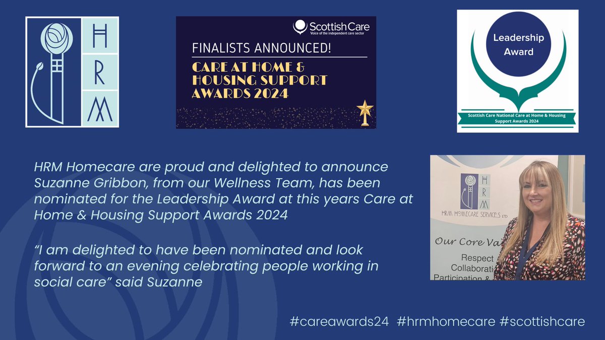 Congratulations Suzanne! 👏 #HRM #Homecare #WeCare #CareAboutCare #MoreToCare #LifeChangingWork #WeCareDoYou #scottishcare #careawards @followers @everyone #hrmhomecare #Finalist