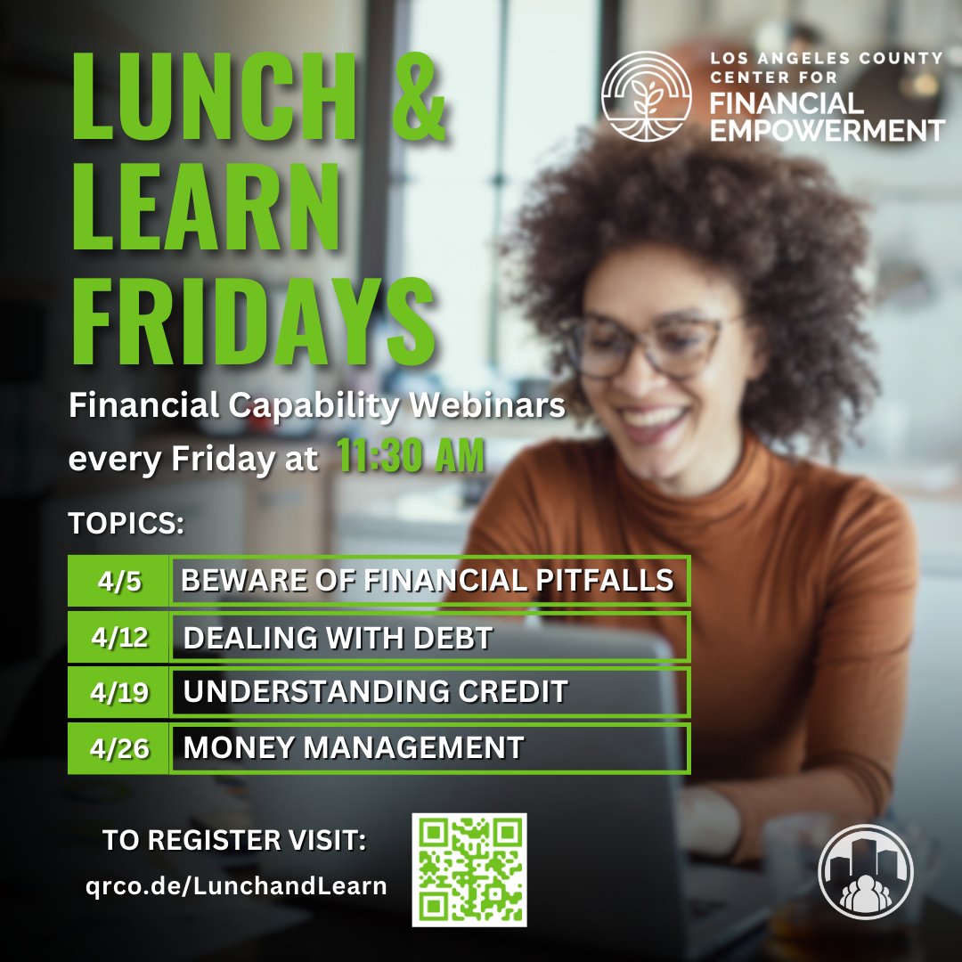Ready to boost your #moneymanagement skills? Join us tomorrow (4/26) at 11:30am for our final Lunch & Learn session where we'll share useful tips on budgeting, saving, and smart habits! Register here: bit.ly/CFELunchandLea… 🌟💰  #FInancialCapabilityMonth