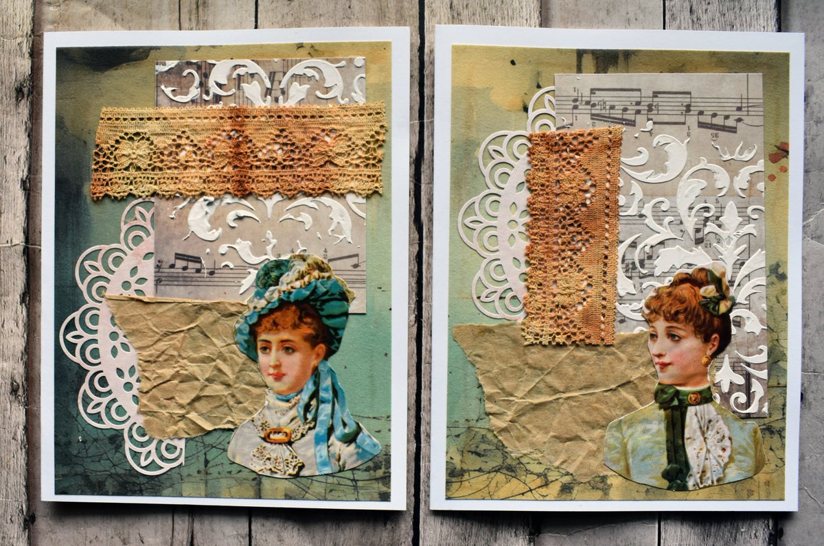 A pair of collaged notecards using a variety of methods to add texture. #art #collage #collageart #mixedmedia #ephemera #vintage #handmade